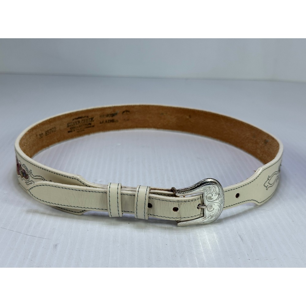 Silver Creek Collection White Leather Western Rose Tapestry Belt Size 30 85702